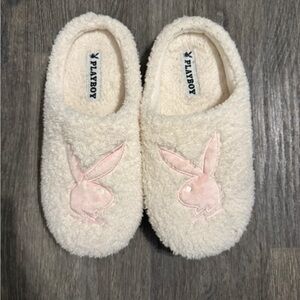 PLAYBOY Cream Slippers with Pink Bunny Logo